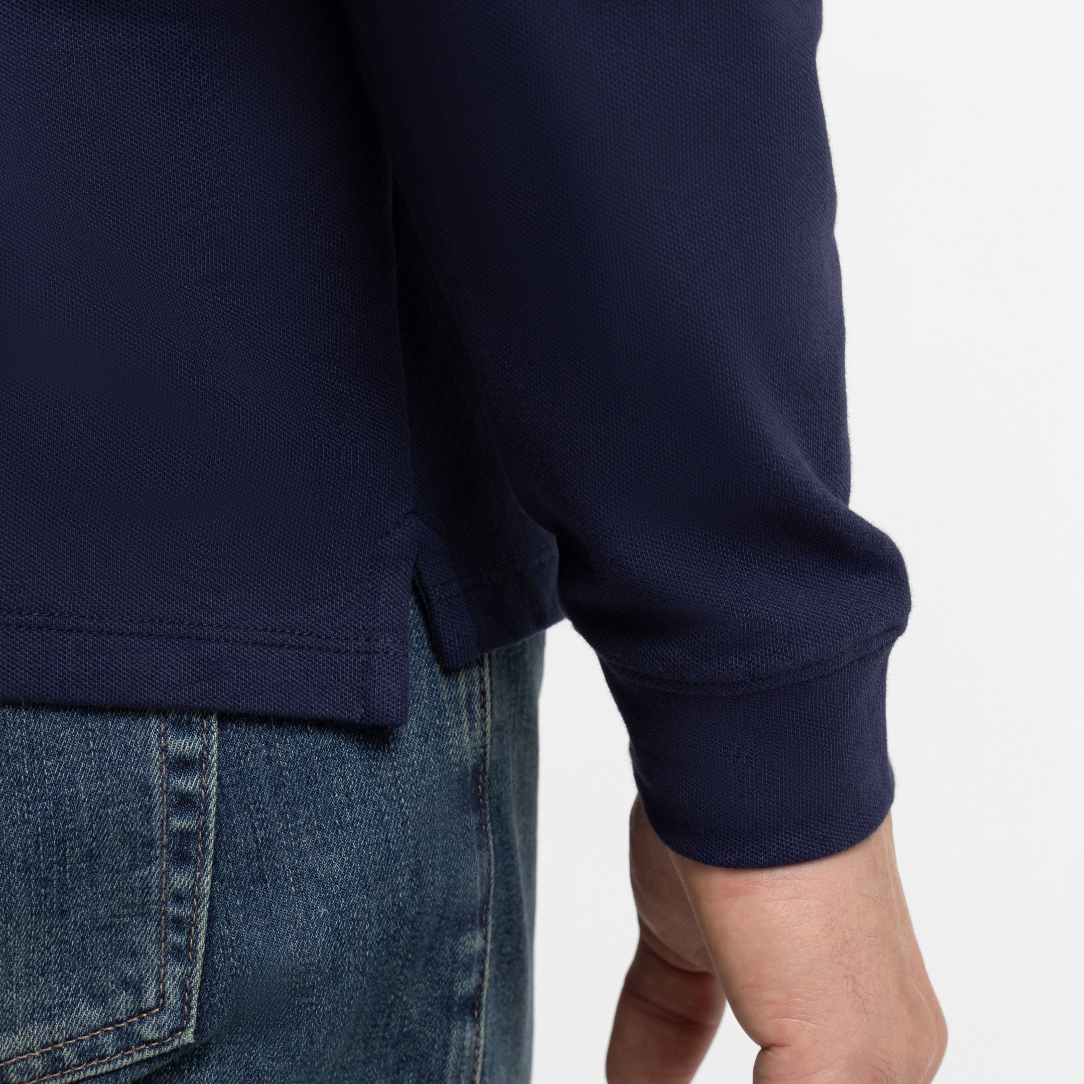 Buy Navy Pique Long Sleeve Polo Shirt for Short Men | Ash & Erie   Long Sleeve Polos