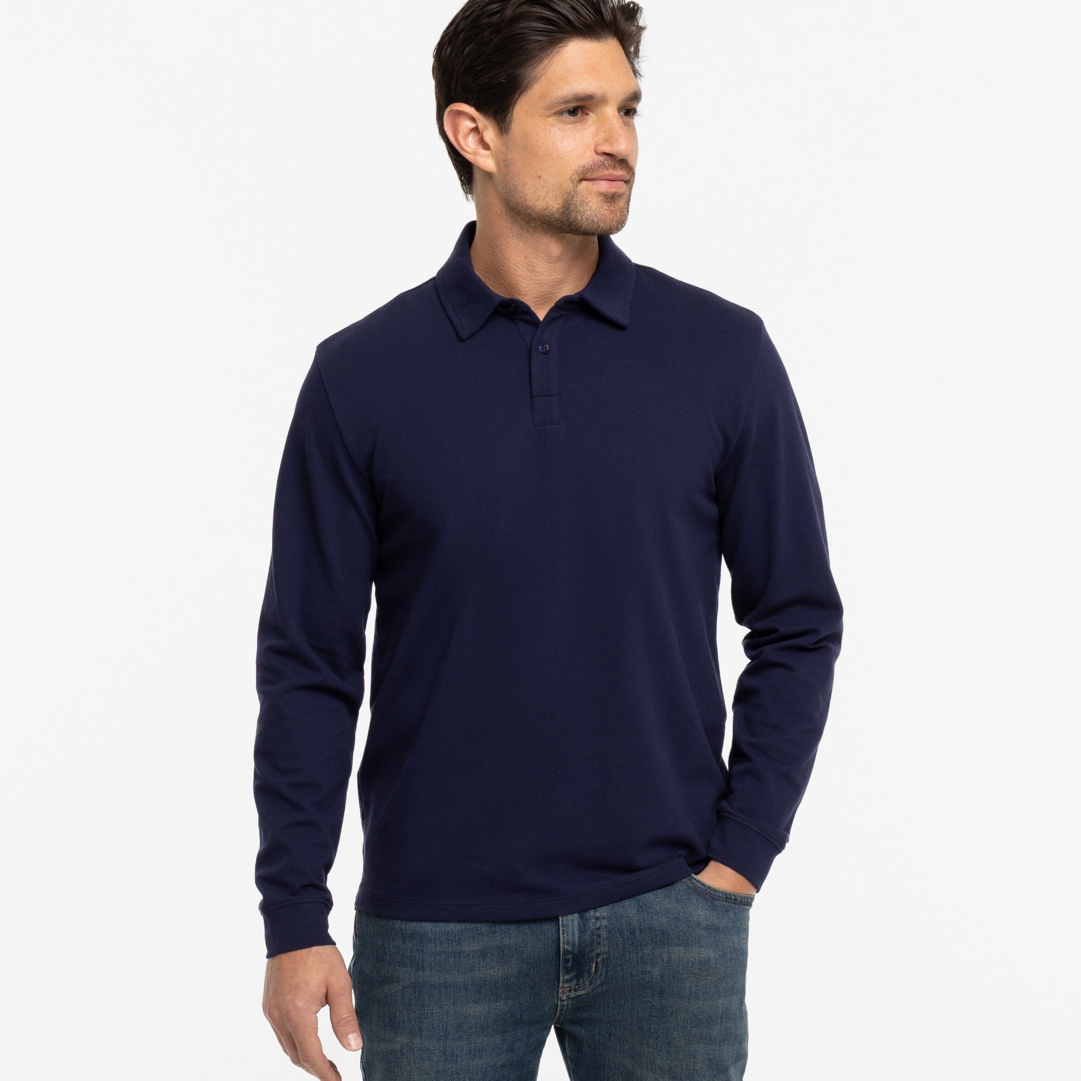 Buy Navy Pique Long Sleeve Polo Shirt for Short Men | Ash & Erie   Long Sleeve Polos