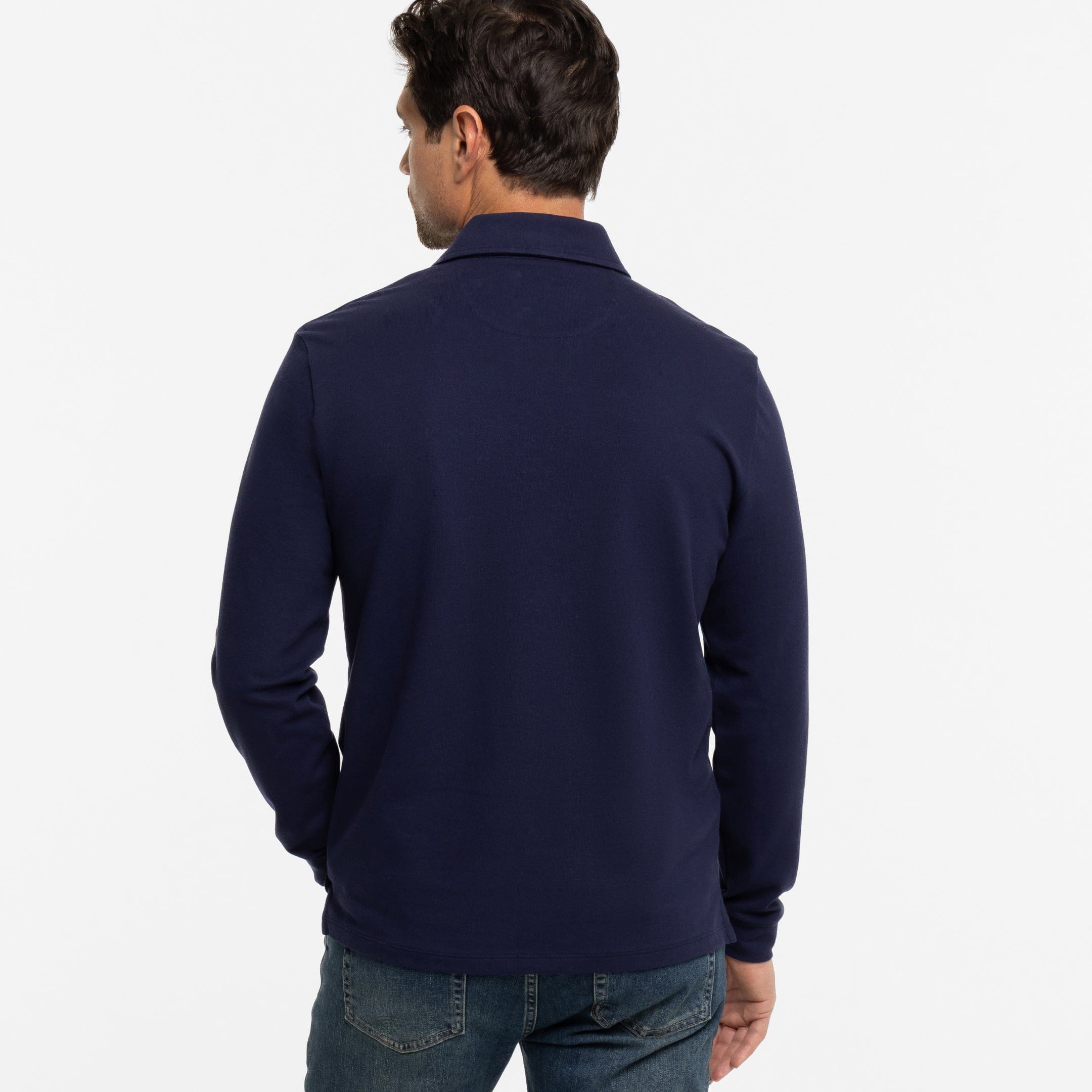 Buy Navy Pique Long Sleeve Polo Shirt for Short Men | Ash & Erie   Long Sleeve Polos