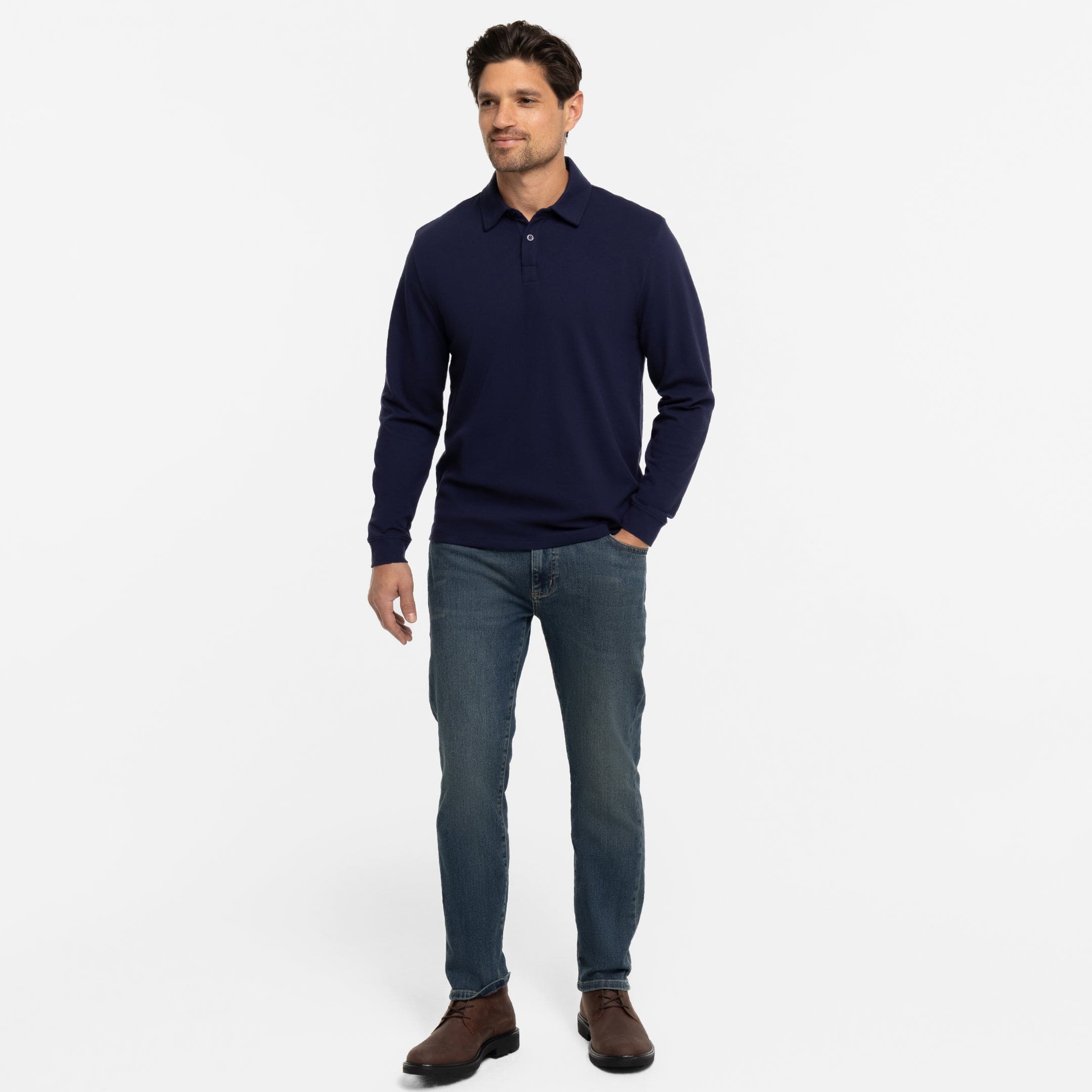 Buy Navy Pique Long Sleeve Polo Shirt for Short Men | Ash & Erie   Long Sleeve Polos