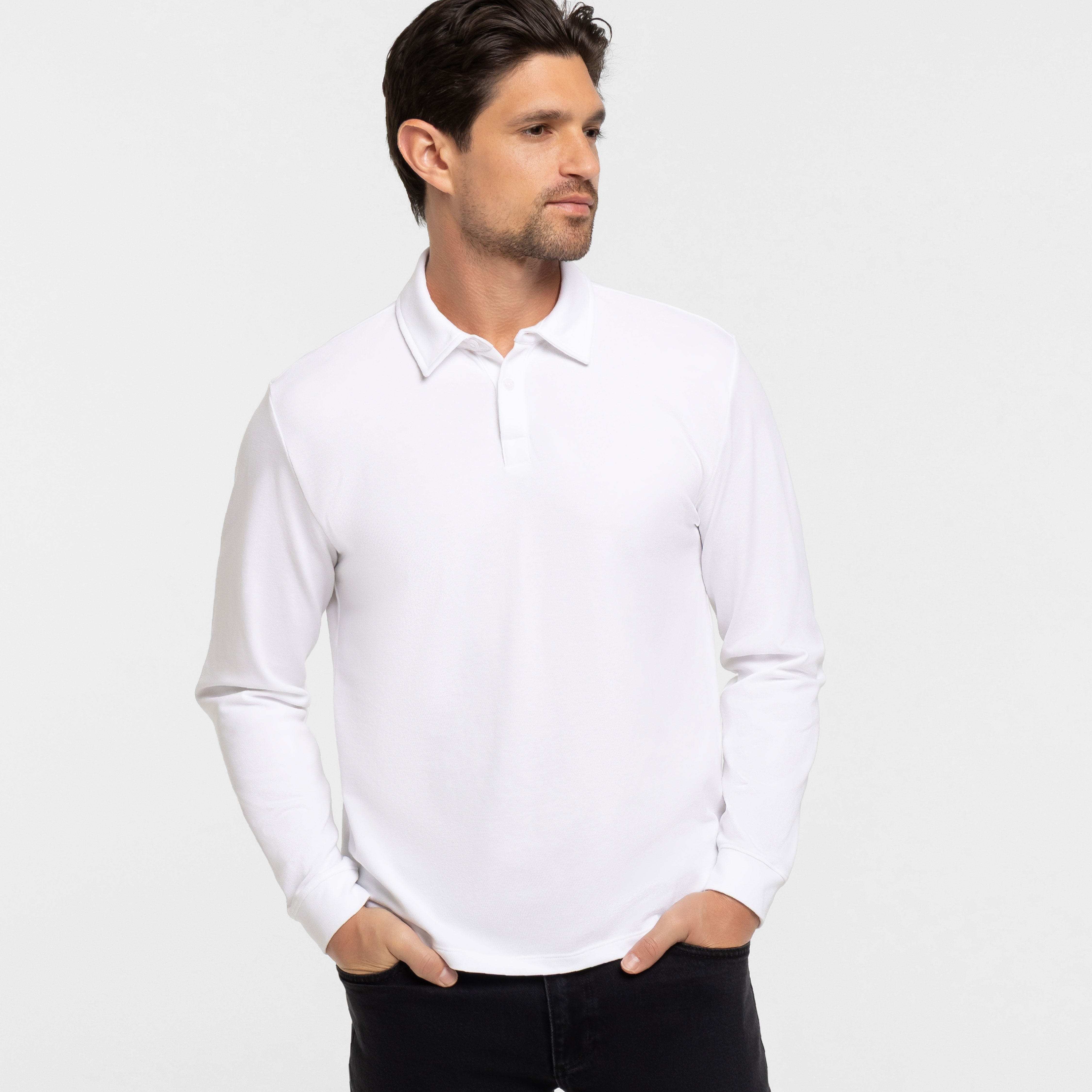 Buy White Pique Long Sleeve Polo Shirt for Short Men | Ash & Erie   Long Sleeve Polos