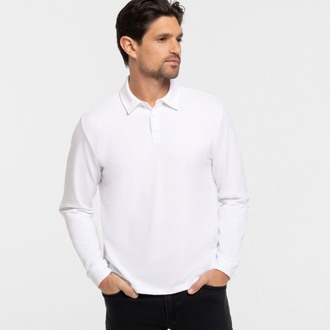 Buy White Pique Long Sleeve Polo Shirt for Short Men | Ash & Erie   Long Sleeve Polos