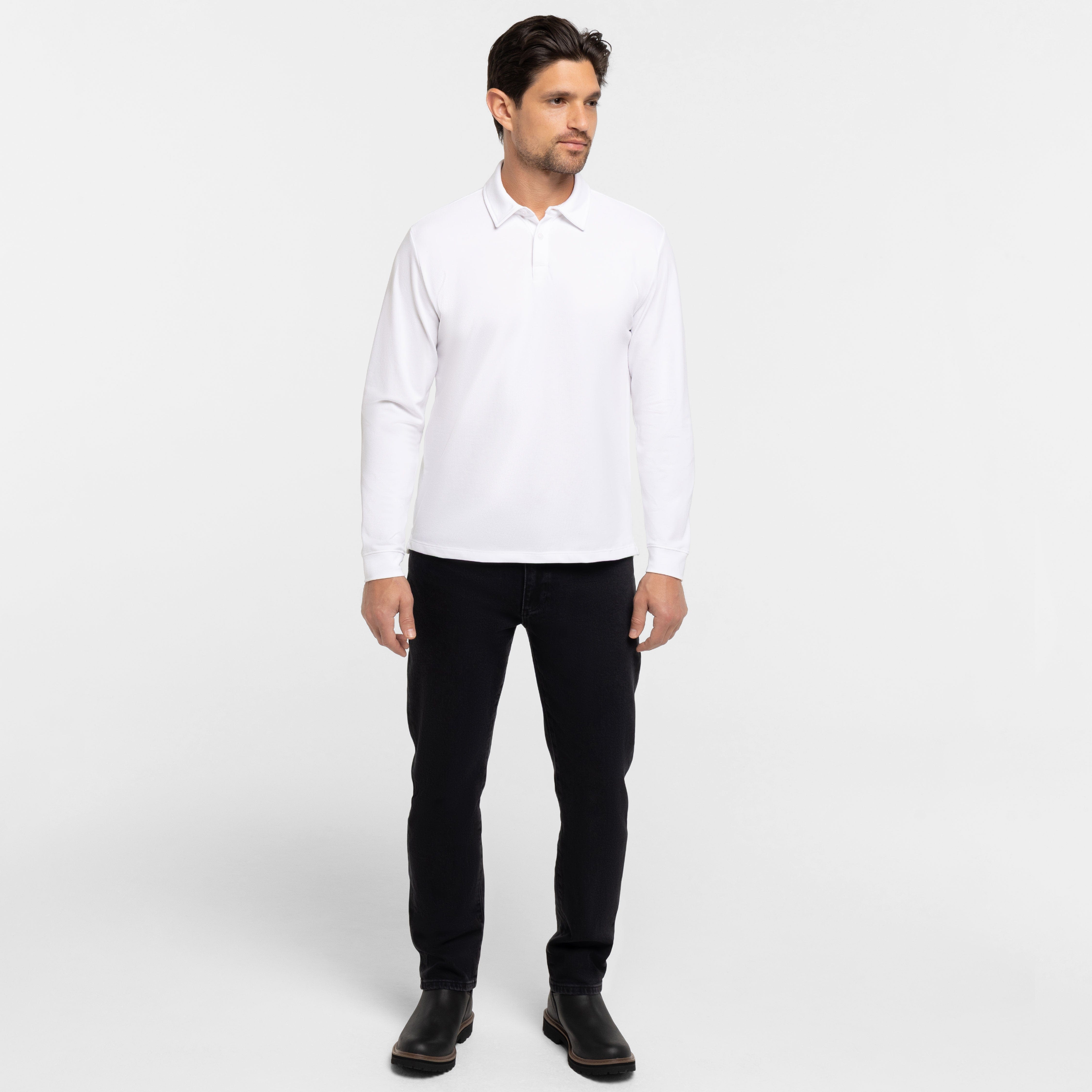 Ash & Erie White Pique Long Sleeve Polo Shirt for Short Men | Ash & Erie White / XXL Ash & Erie White Pique Long Sleeve Polo Shirt for Short Men | Ash & Erie White / XXL