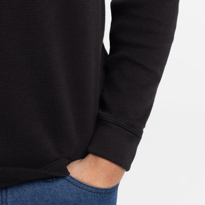 Ash & Erie Black Waffle Long Sleeve Crew Neck Tee for Short Men   Long Sleeve Premium Tee
