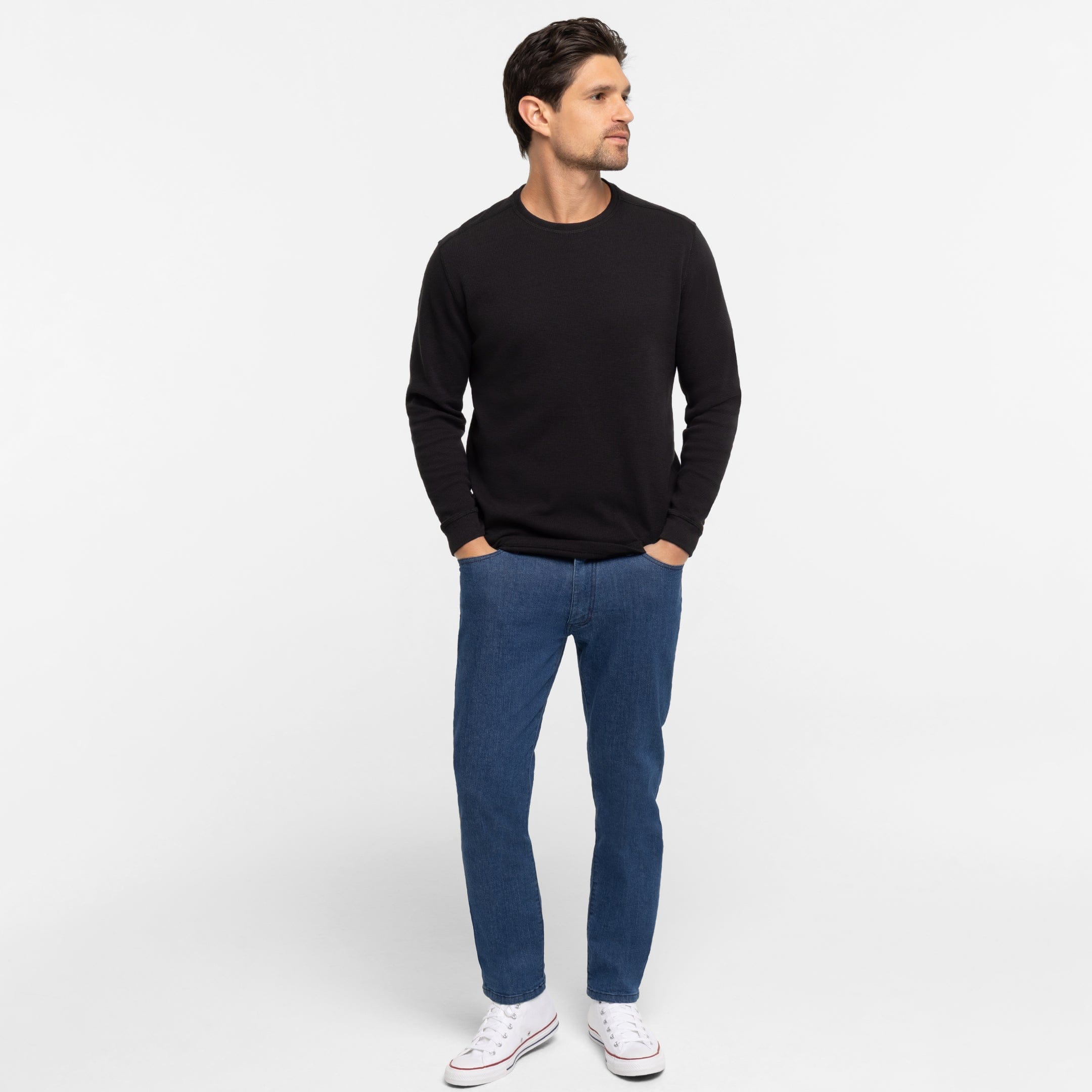 Ash & Erie Black Waffle Long Sleeve Crew Neck Tee for Short Men   Long Sleeve Premium Tee