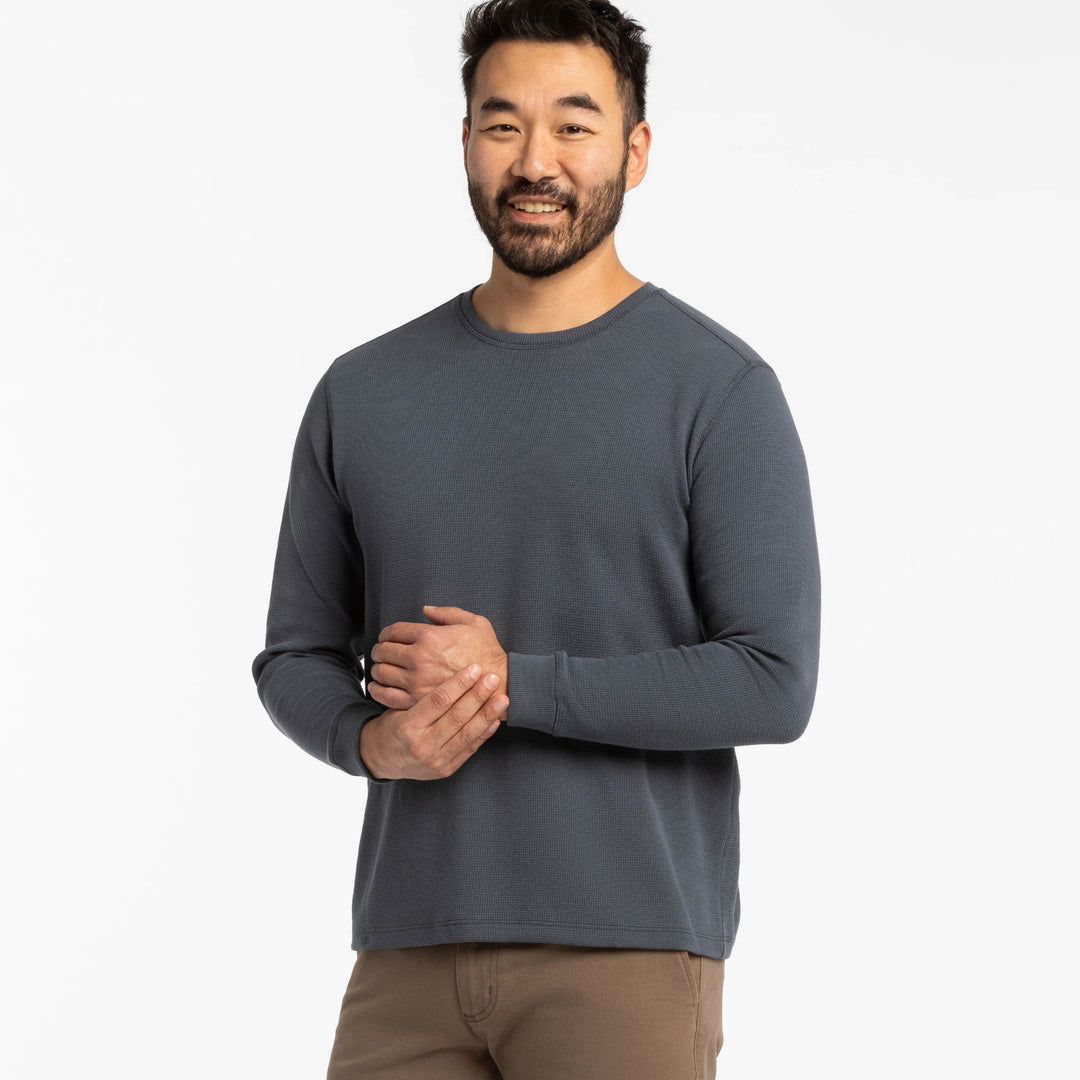 Ash & Erie Bright Navy Waffle Long Sleeve Crew Neck Tee for Short Men   Long Sleeve Premium Tee