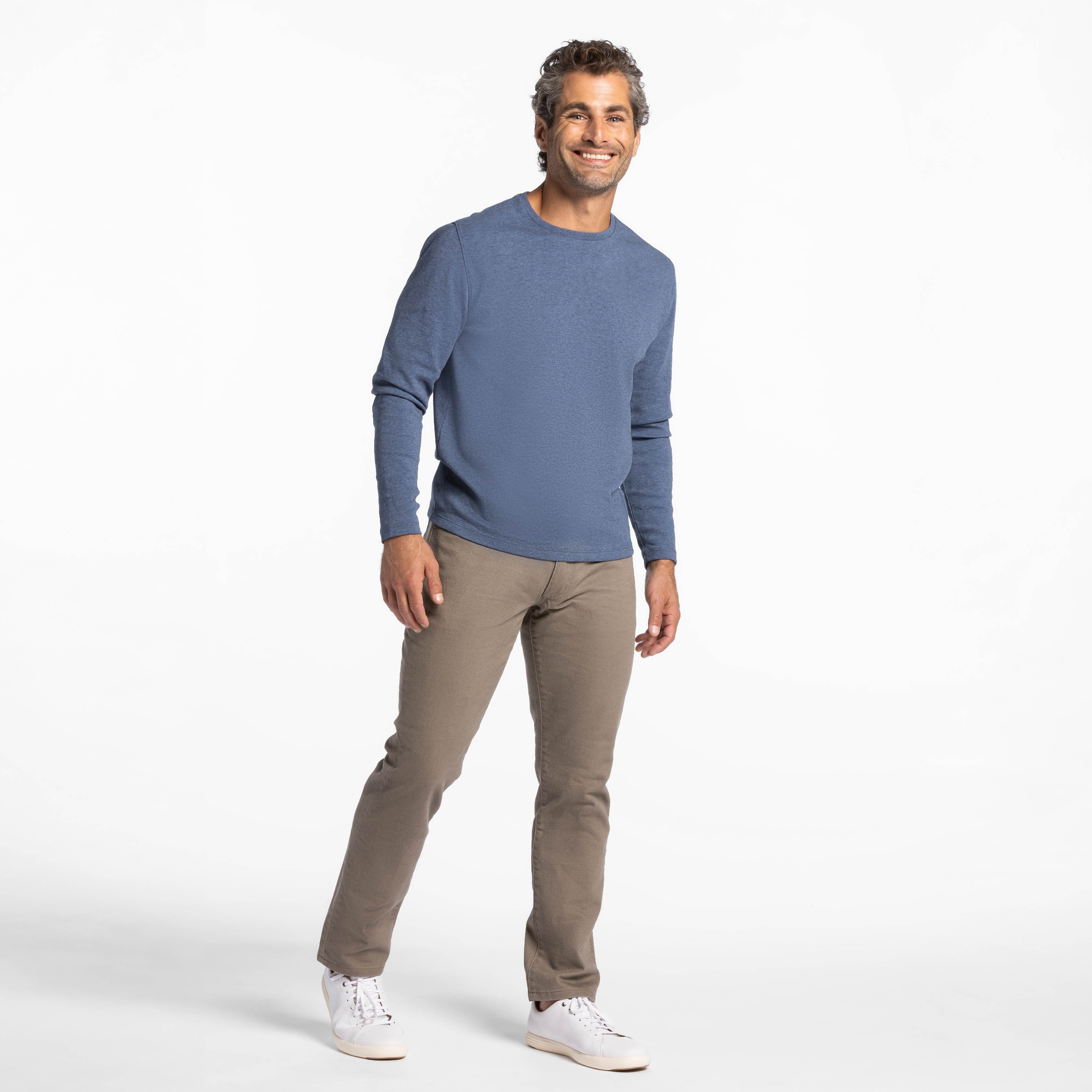 Ash & Erie Heather Blue Luxury Soft Touch Long Sleeve Crew Neck T-Shirt for Short Men   Long Sleeve Premium Tee