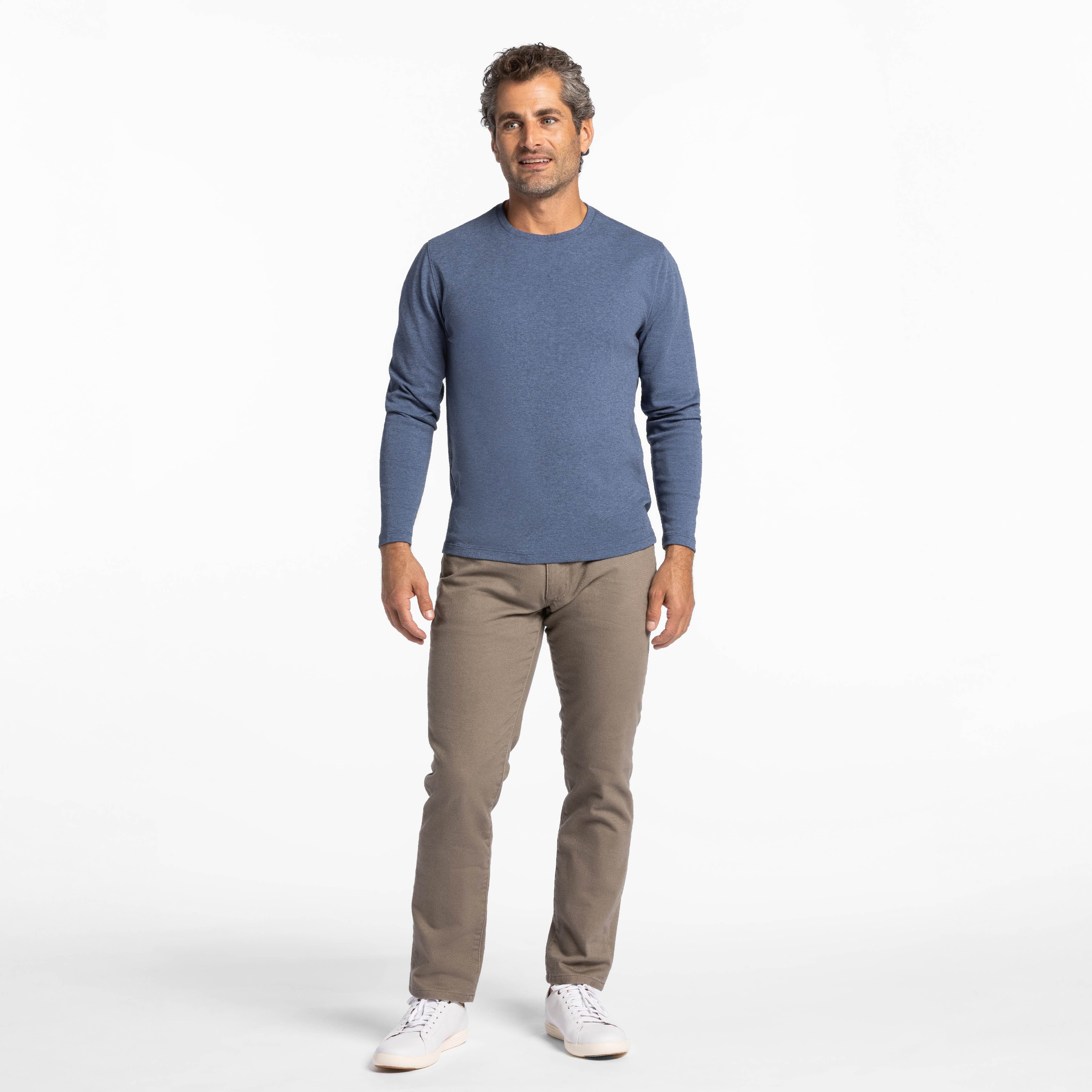 Ash & Erie Heather Blue Luxury Soft Touch Long Sleeve Crew Neck T-Shirt for Short Men   Long Sleeve Premium Tee