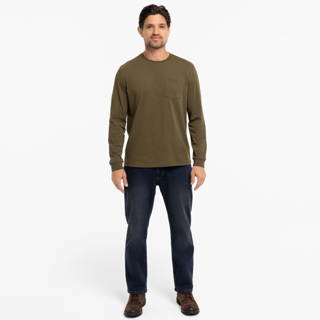 Ash & Erie Olive Long Sleeve Pima Cotton Crew Neck Tee for Short Men   Long Sleeve Premium Tee