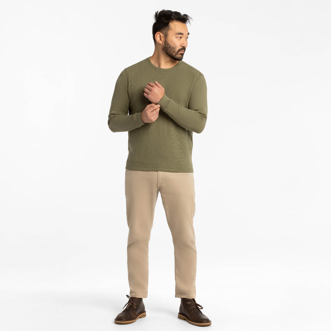 Ash & Erie Olive Waffle Long Sleeve Crew Neck Tee for Short Men   Long Sleeve Premium Tee