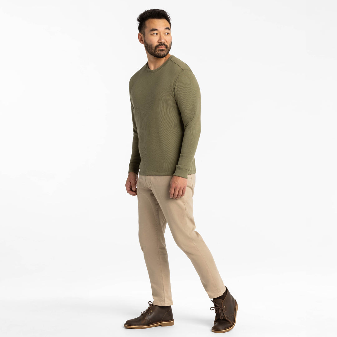 Ash & Erie Olive Waffle Long Sleeve Crew Neck Tee for Short Men   Long Sleeve Premium Tee