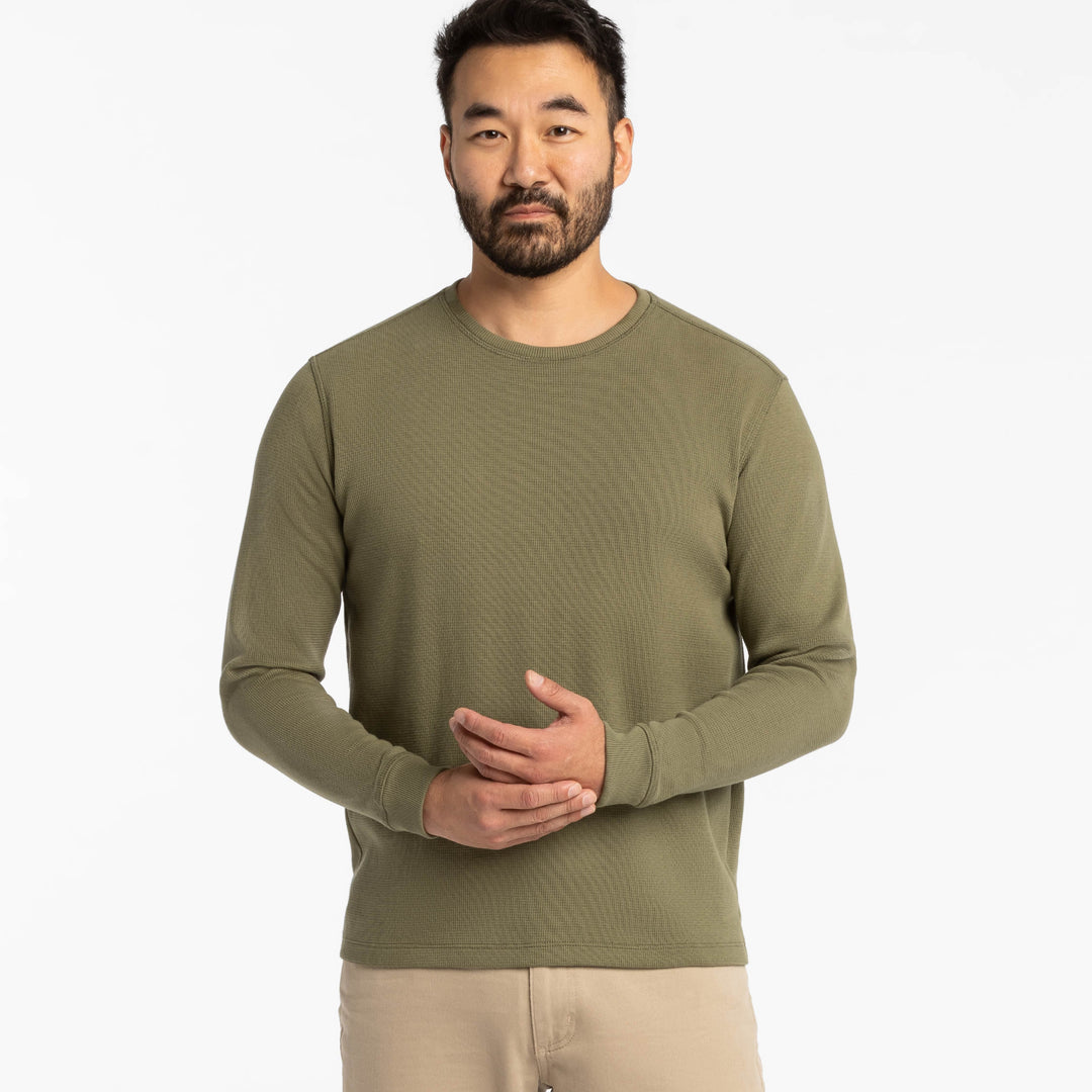 Ash & Erie Olive Waffle Long Sleeve Crew Neck Tee for Short Men   Long Sleeve Premium Tee