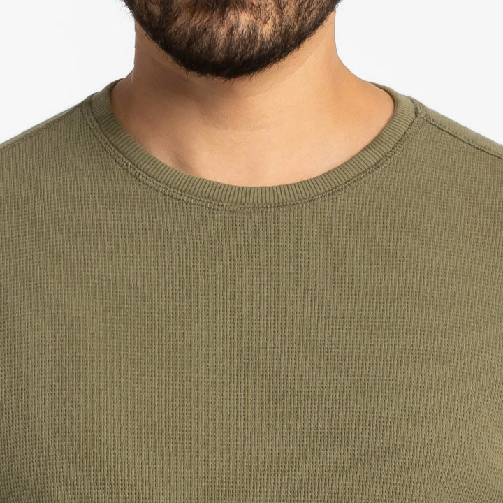 Ash & Erie Olive Waffle Long Sleeve Crew Neck Tee for Short Men   Long Sleeve Premium Tee