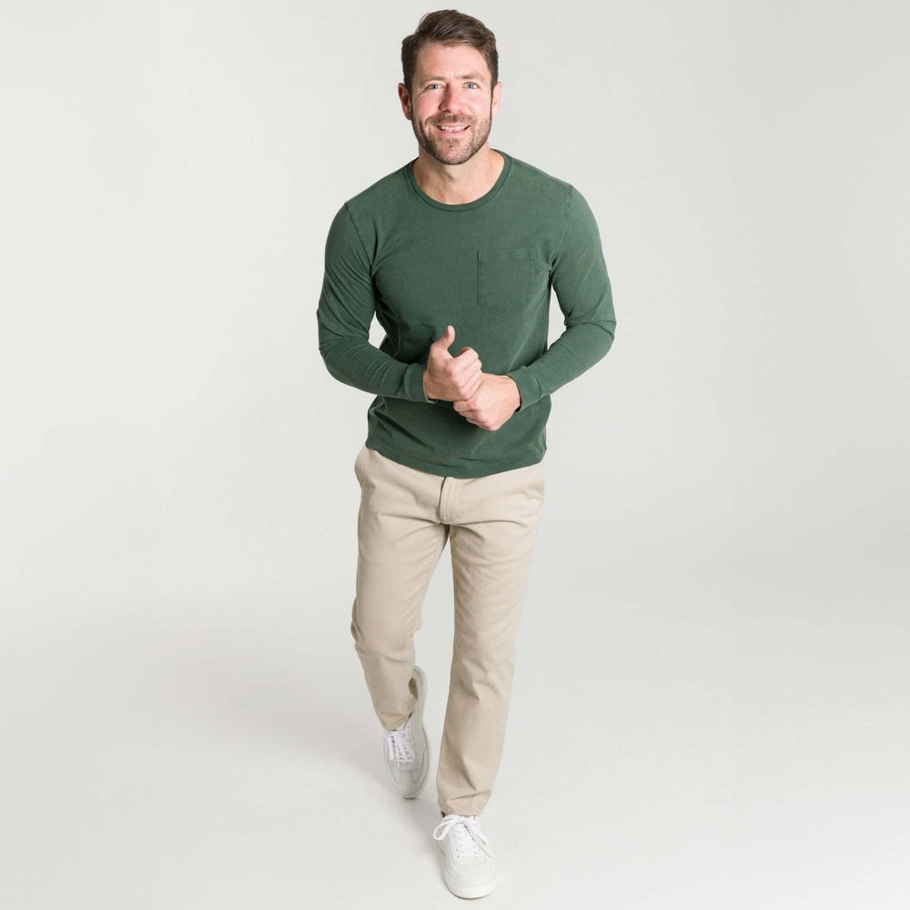 Ash & Erie Washed Green Long Sleeve Pima Cotton Crew Neck Tee for Short Men   Long Sleeve Premium Tee