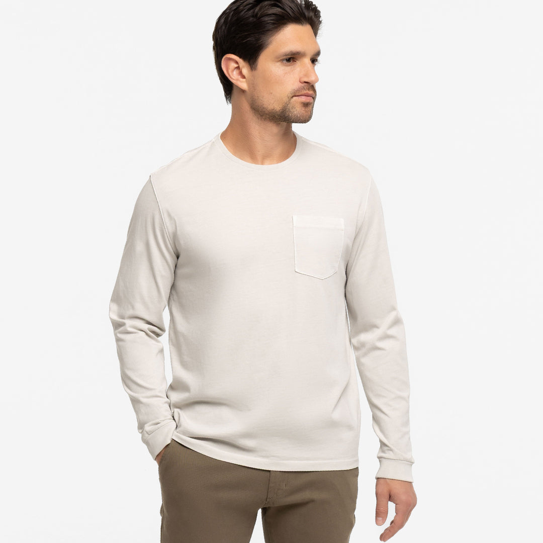 Ash & Erie Washed Oat Long Sleeve Pima Cotton Crew Neck Tee for Short Men   Long Sleeve Premium Tee