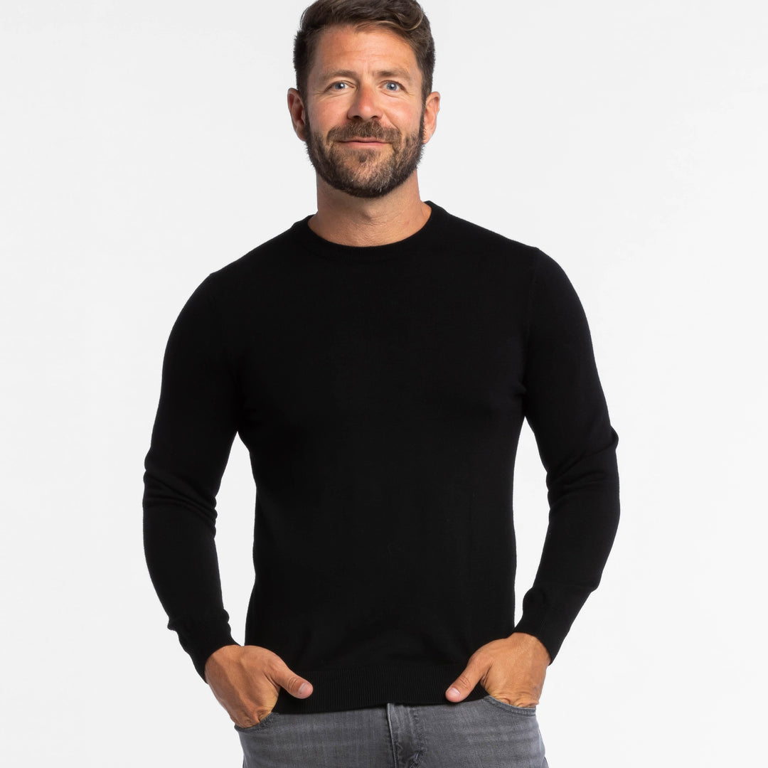 Buy Black Merino Crew-Neck Sweater for Short Men | Ash & Erie   Merino Wool Sweater