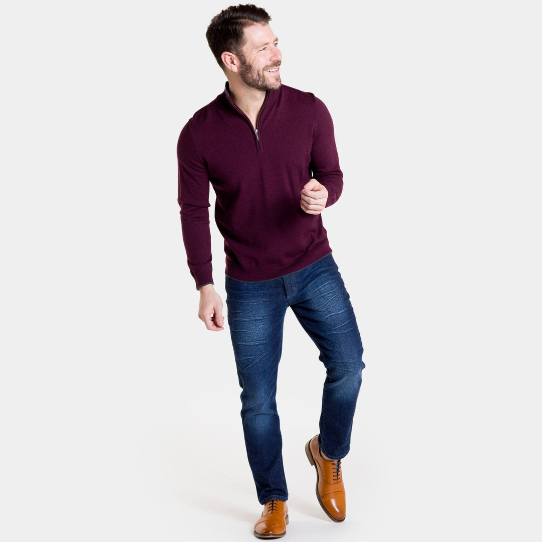 Ash & Erie Burgundy Merino Quarter-Zip Sweater for Short Men   Merino Wool Sweater