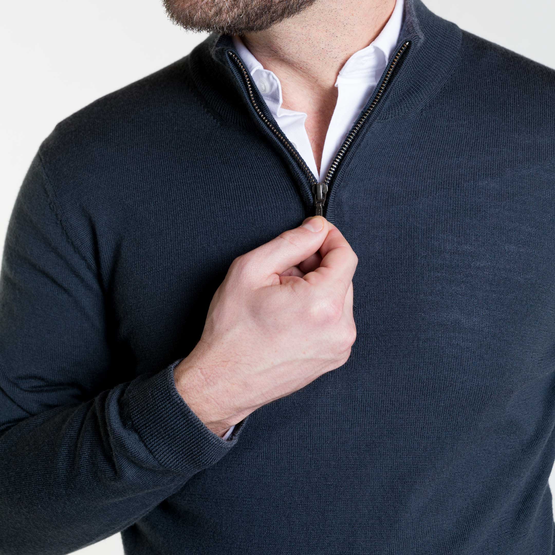 Ash & Erie Dark Green Merino Quarter-Zip Sweater for Short Men