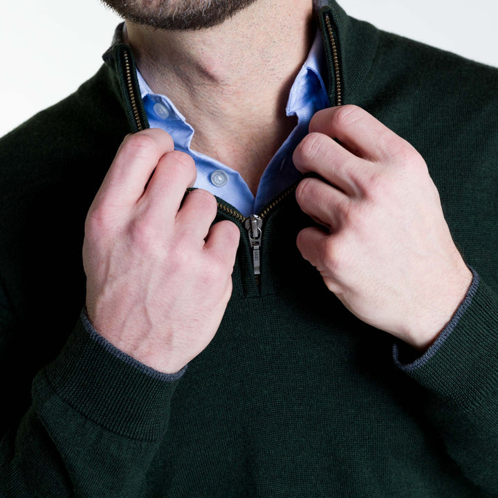 Ash & Erie Dark Green Merino Quarter-Zip Sweater for Short Men   Merino Wool Sweater