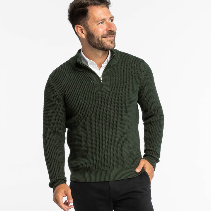 Buy Dark Green Waffle Knit Quarter-Zip Sweater for Short Men | Ash & Erie   Merino Wool Sweater