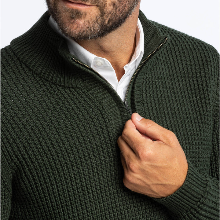 Buy Dark Green Waffle Knit Quarter-Zip Sweater for Short Men | Ash & Erie   Merino Wool Sweater