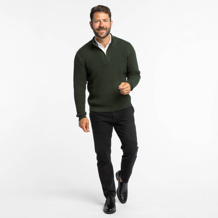 Buy Dark Green Waffle Knit Quarter-Zip Sweater for Short Men | Ash & Erie   Merino Wool Sweater