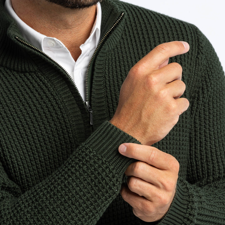 Buy Dark Green Waffle Knit Quarter-Zip Sweater for Short Men | Ash & Erie   Merino Wool Sweater