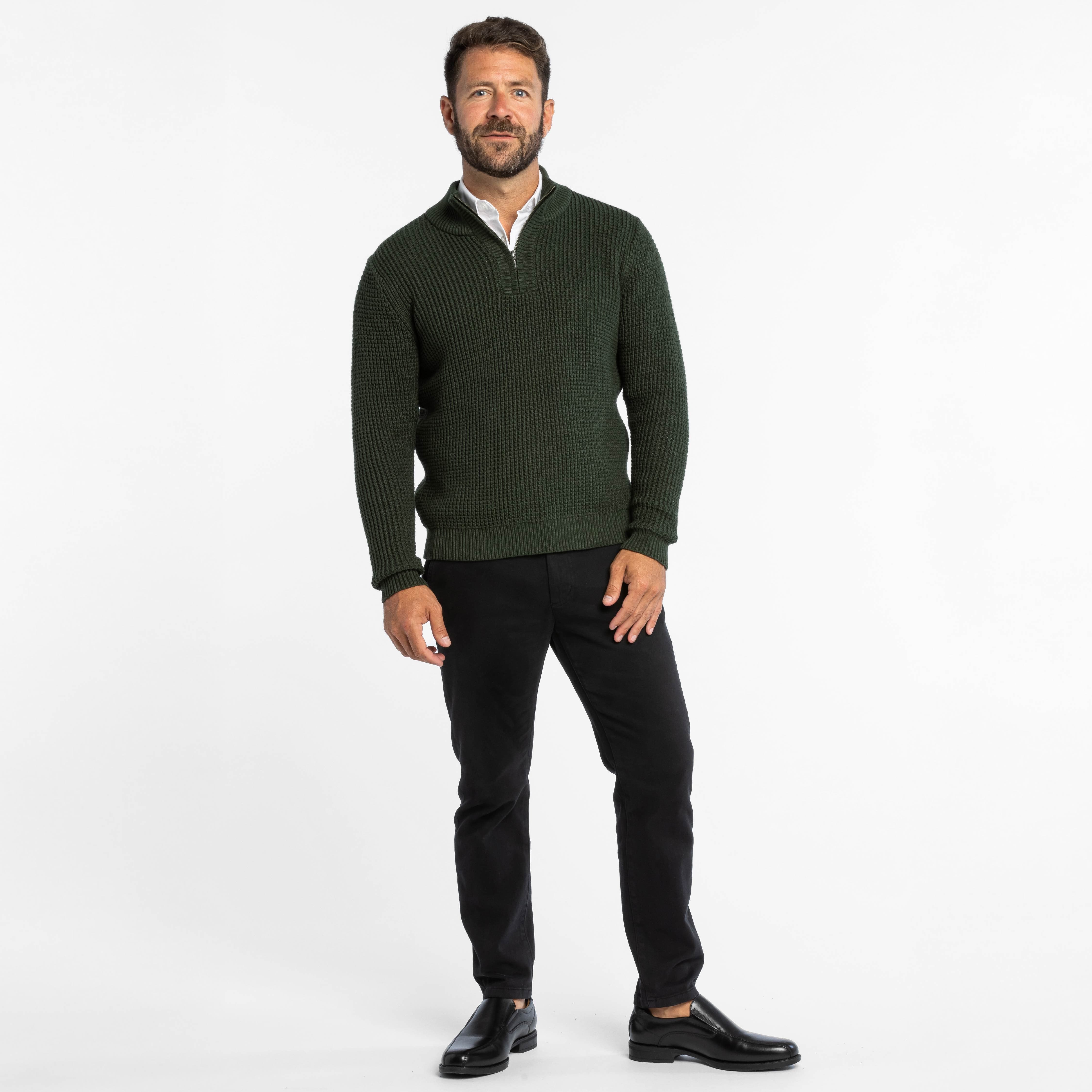 Buy Dark Green Waffle Knit Quarter-Zip Sweater for Short Men | Ash & Erie   Merino Wool Sweater