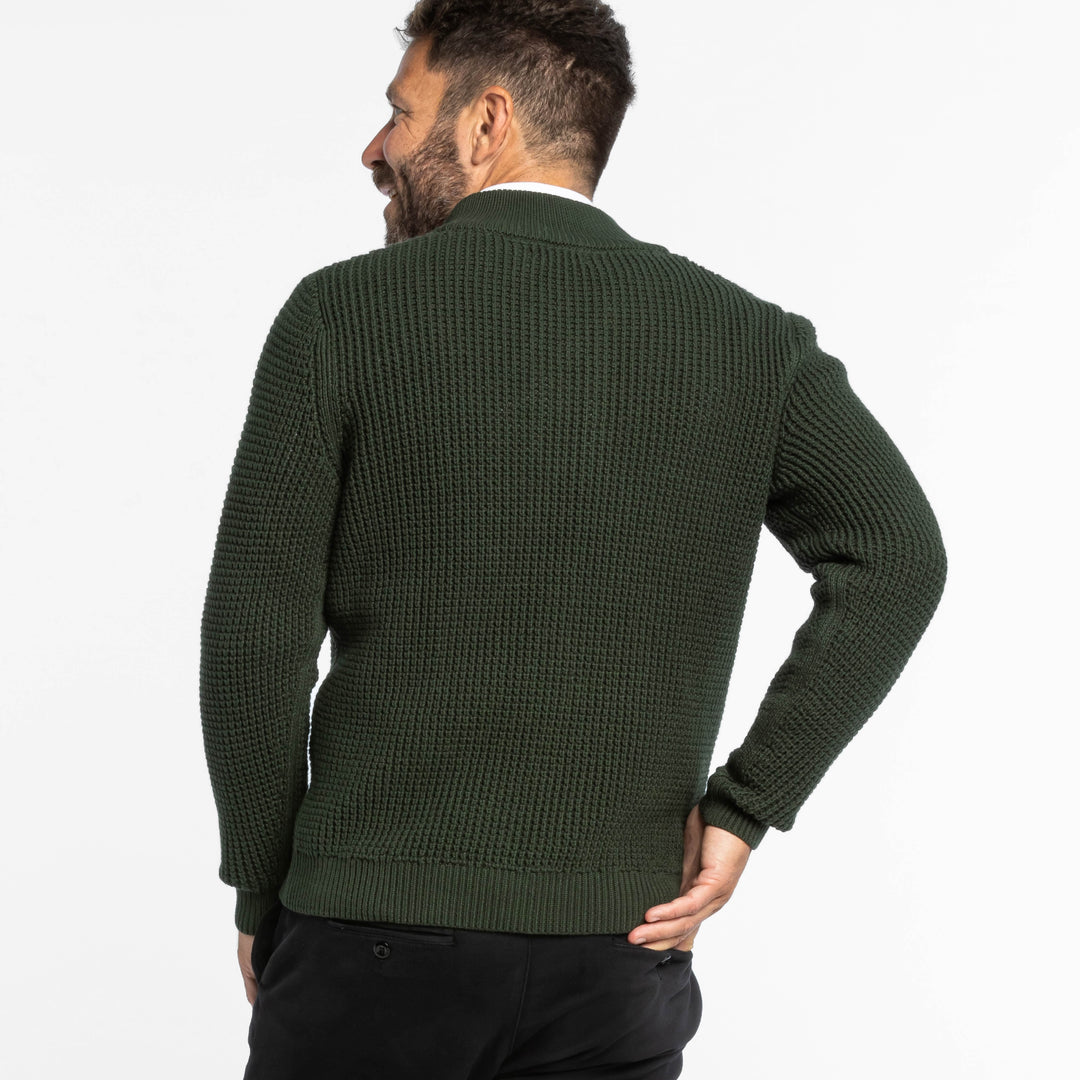 Buy Dark Green Waffle Knit Quarter-Zip Sweater for Short Men | Ash & Erie   Merino Wool Sweater