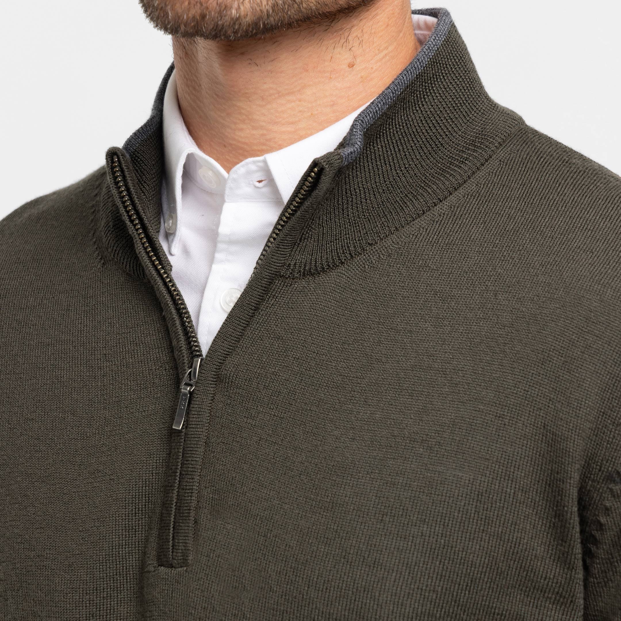 Ash & Erie Dark Olive Merino Quarter-Zip Sweater for Short Men   Merino Wool Sweater