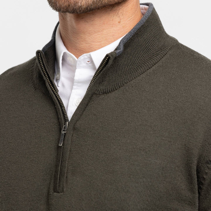 Ash & Erie Dark Olive Merino Quarter-Zip Sweater for Short Men   Merino Wool Sweater