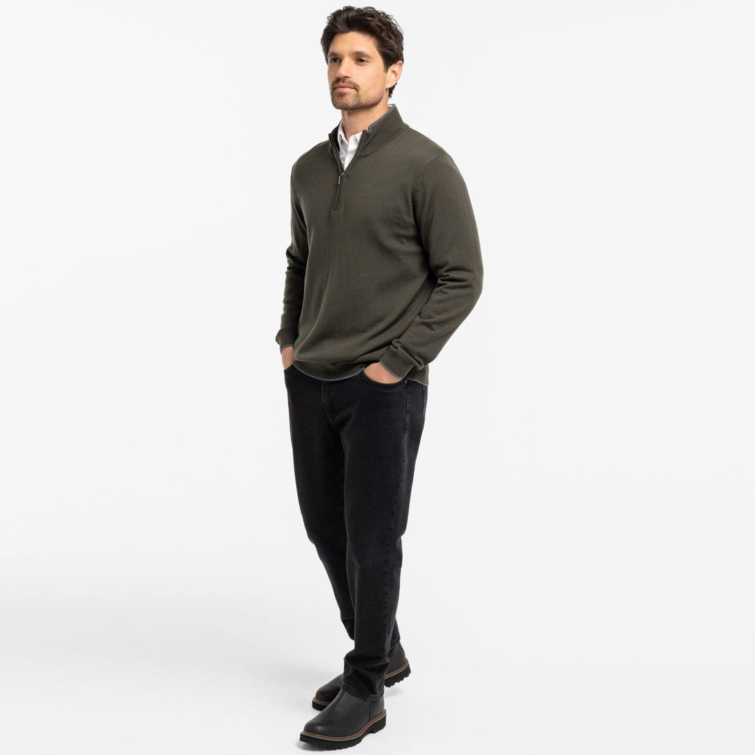 Ash & Erie Dark Olive Merino Quarter-Zip Sweater for Short Men   Merino Wool Sweater