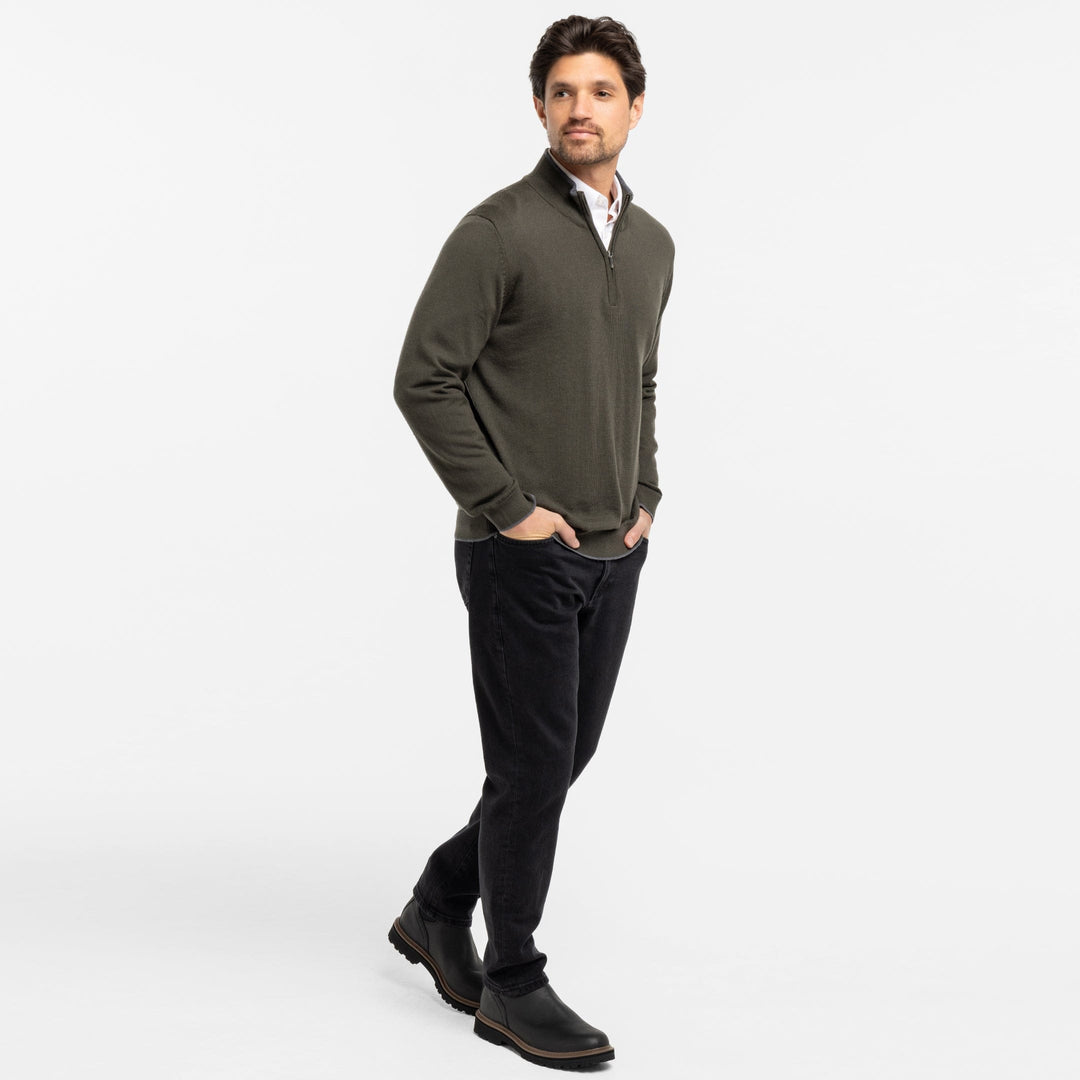 Ash & Erie Dark Olive Merino Quarter-Zip Sweater for Short Men Dark Olive / S Ash & Erie Dark Olive Merino Quarter-Zip Sweater for Short Men Dark Olive / S