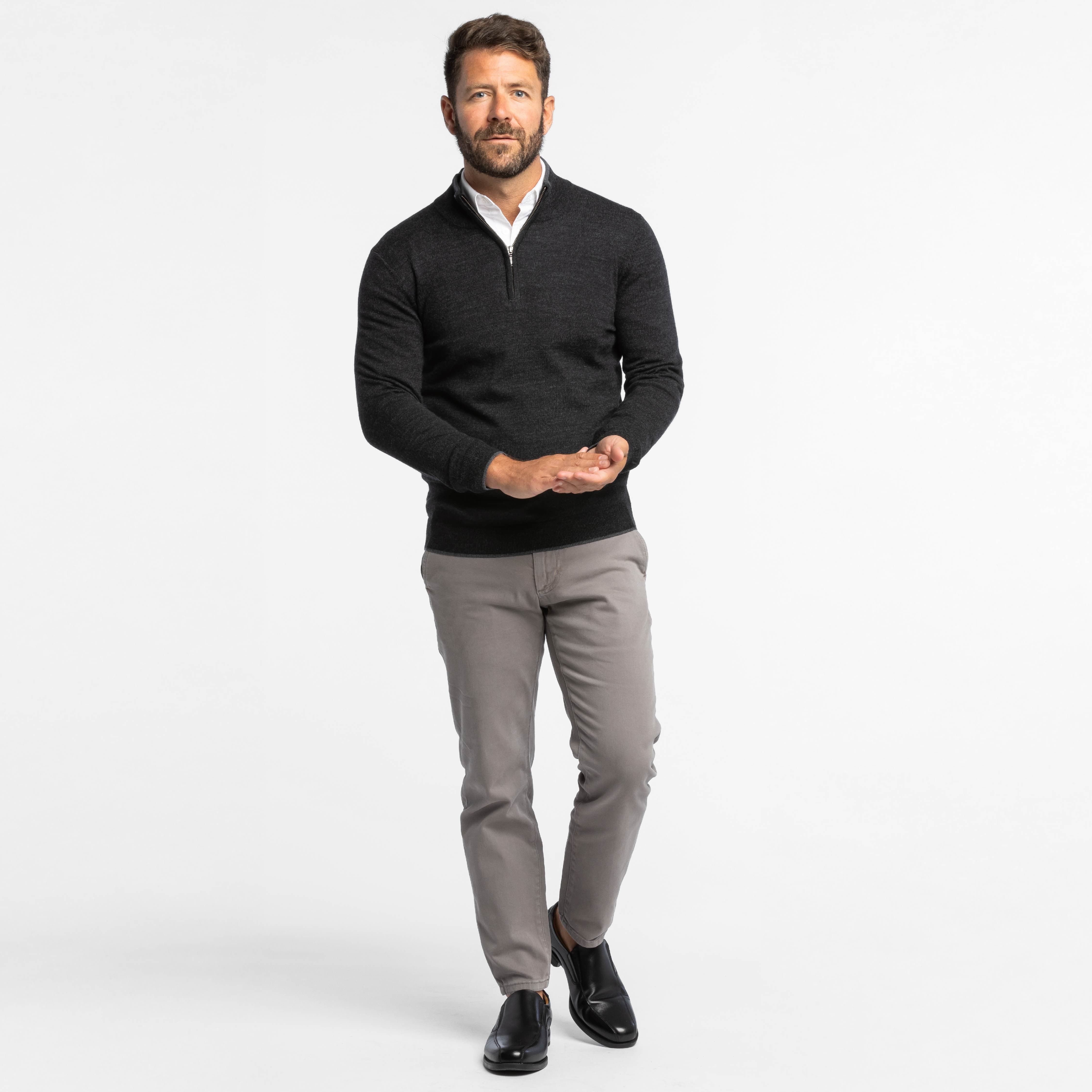 Ash & Erie Heather Black Merino Quarter-Zip Sweater for Short Men Heather Black / M