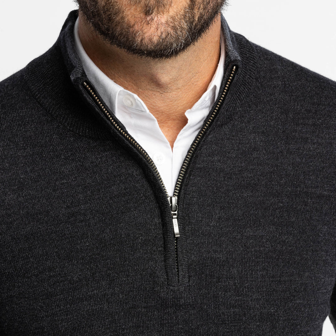 Ash & Erie Heather Black Merino Quarter-Zip Sweater for Short Men   Merino Wool Sweater