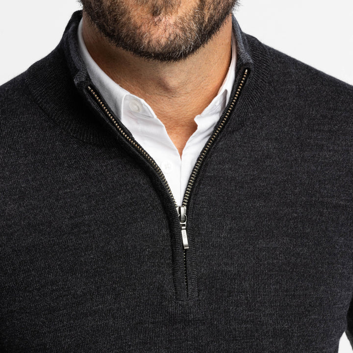 Ash & Erie Heather Black Merino Quarter-Zip Sweater for Short Men   Merino Wool Sweater