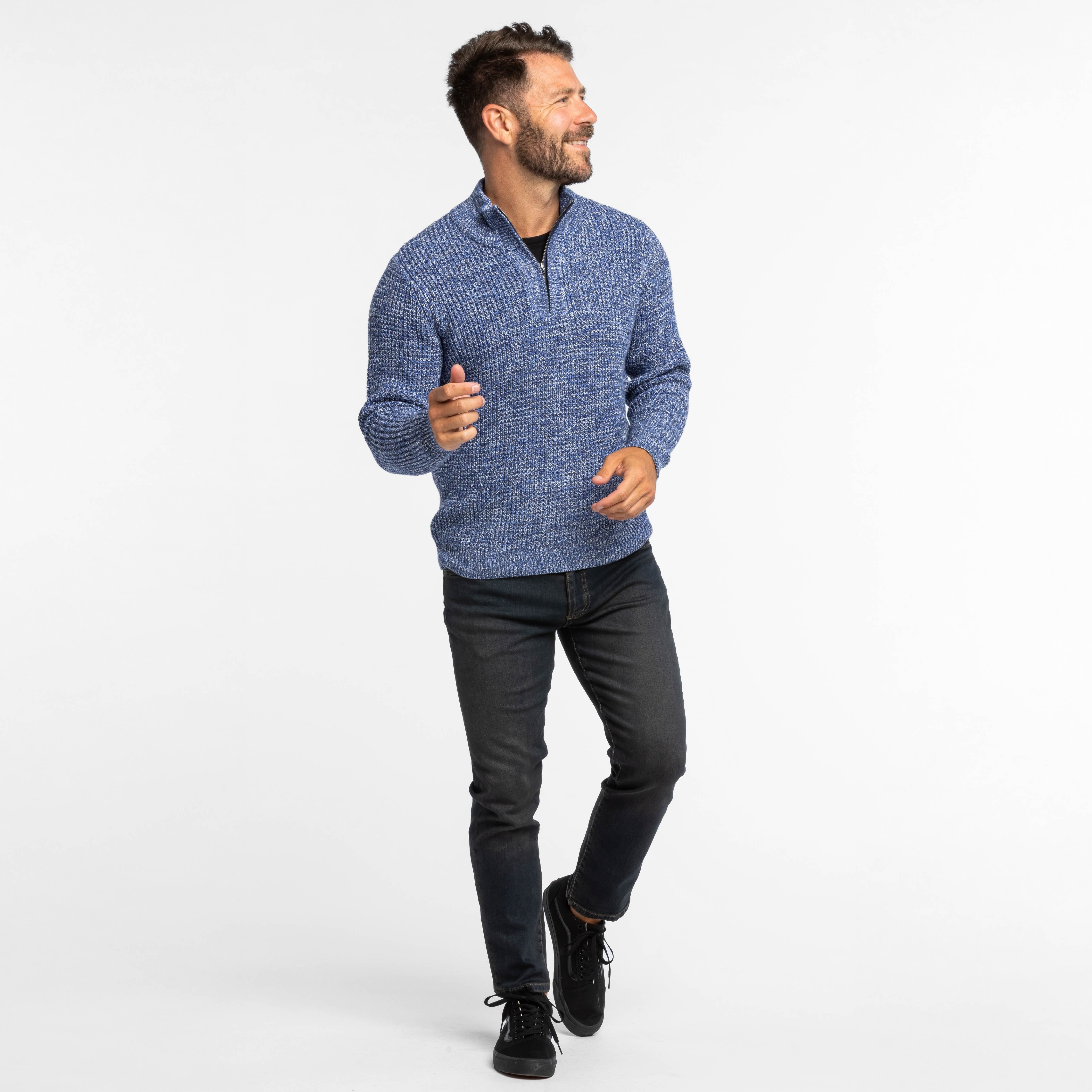 Buy Heather Blue Waffle Knit Quarter-Zip Sweater for Short Men | Ash & Erie   Merino Wool Sweater