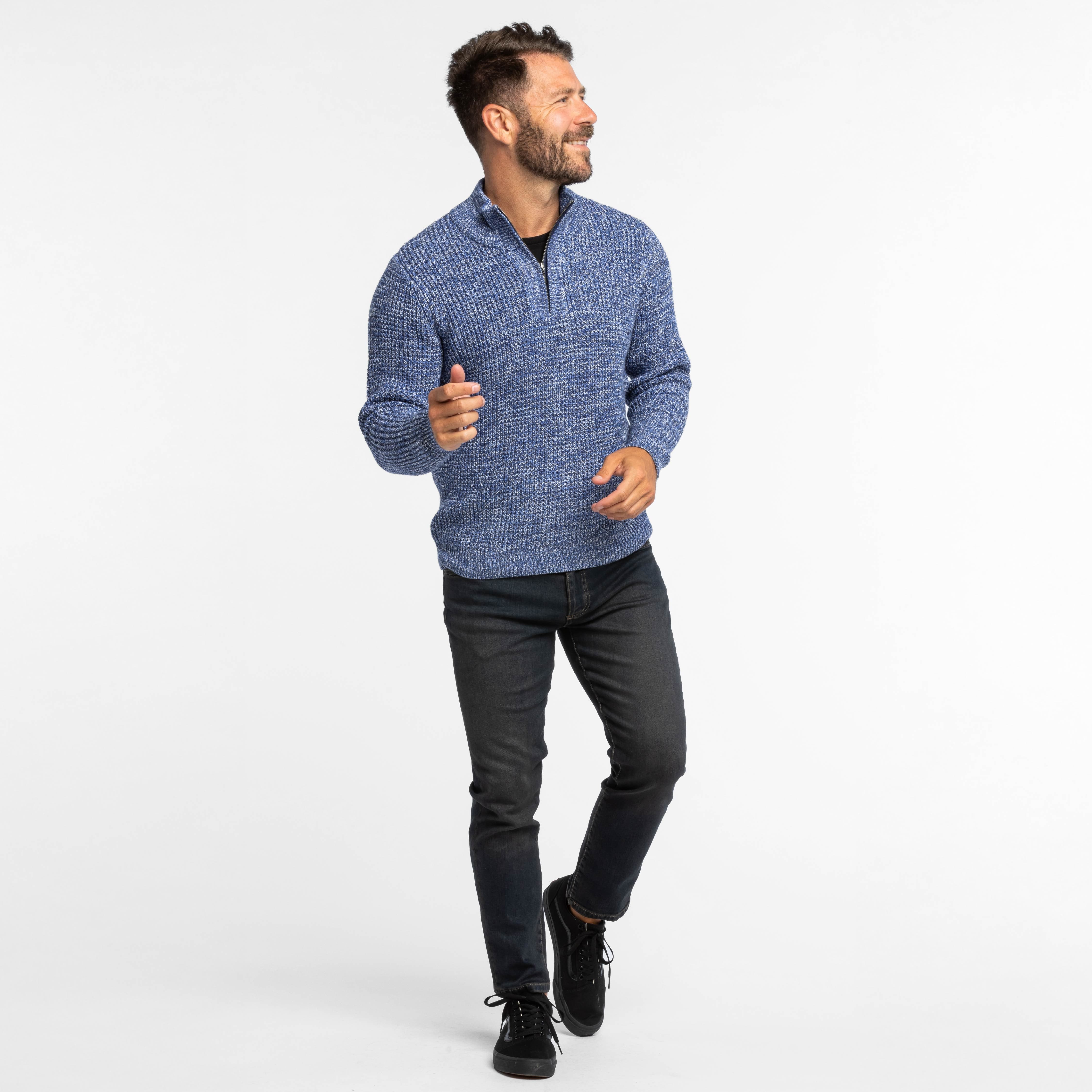 Buy Heather Blue Waffle Knit Quarter-Zip Sweater for Short Men