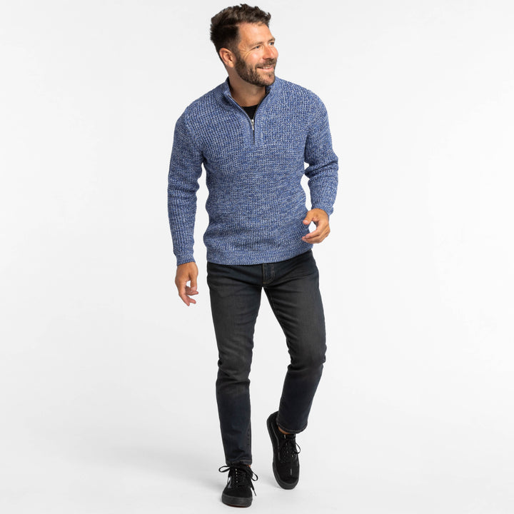 Buy Heather Blue Waffle Knit Quarter-Zip Sweater for Short Men | Ash & Erie   Merino Wool Sweater