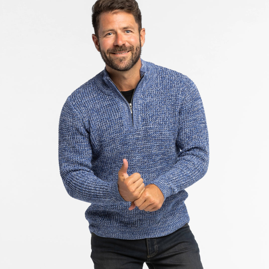 Buy Heather Blue Waffle Knit Quarter-Zip Sweater for Short Men | Ash & Erie   Merino Wool Sweater