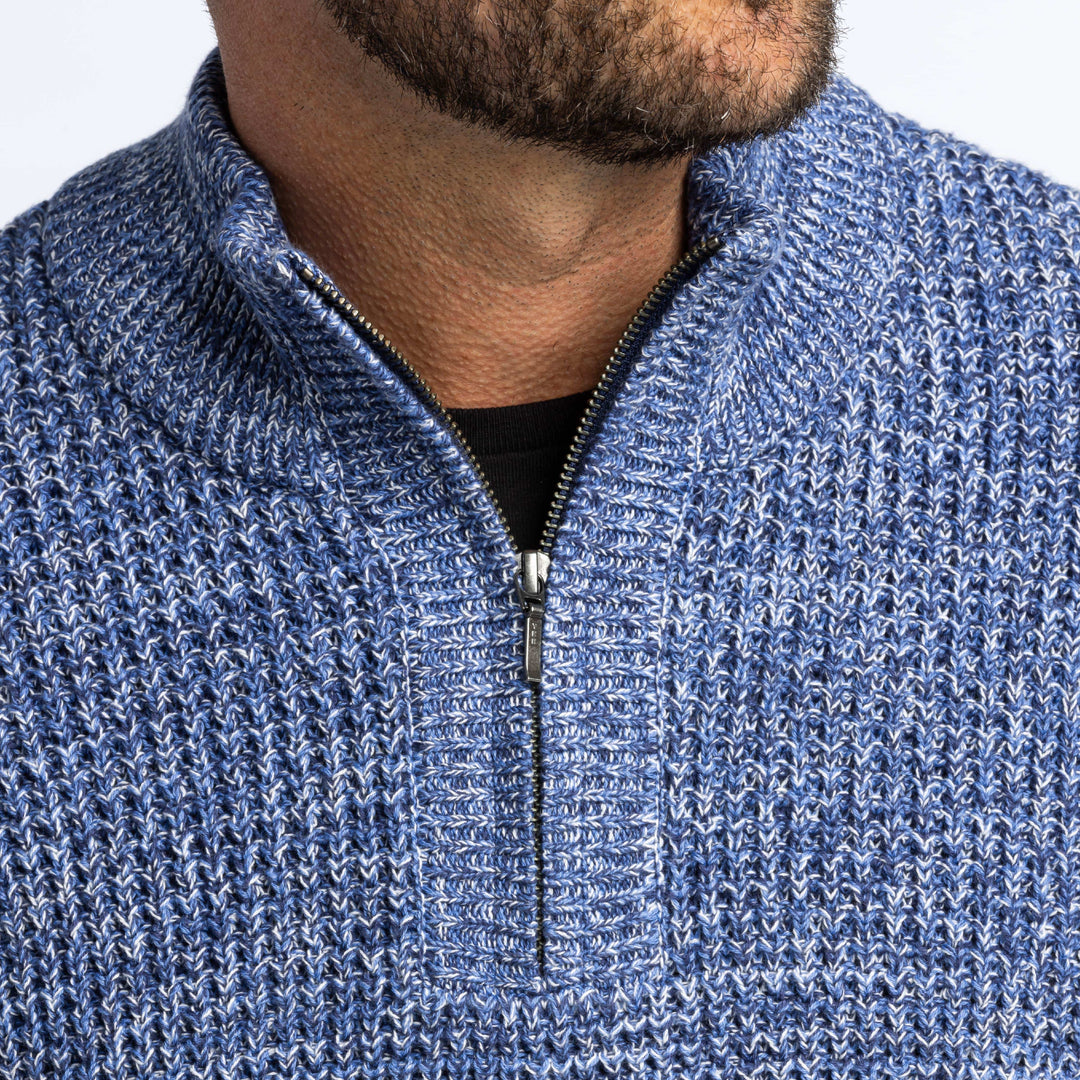 Buy Heather Blue Waffle Knit Quarter-Zip Sweater for Short Men | Ash & Erie   Merino Wool Sweater