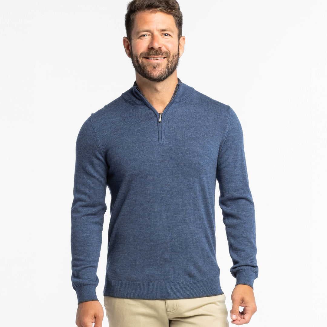 Ash & Erie Heather Slate Merino Quarter-Zip Sweater for Short Men   Merino Wool Sweater