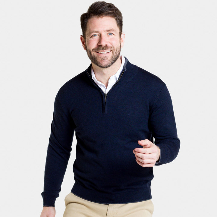 Buy Navy Merino Quarter-Zip Sweater for Short Men | Ash & Erie   Merino Wool Sweater