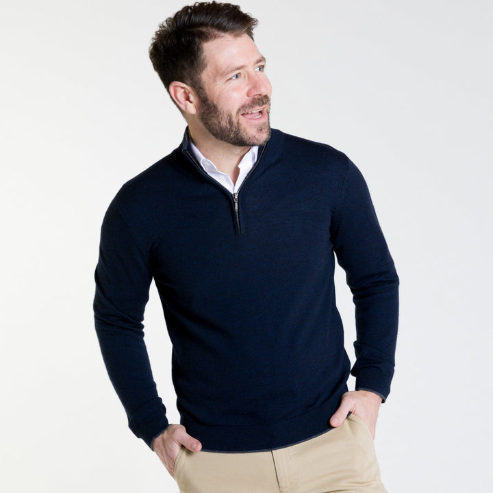 Buy Navy Merino Quarter-Zip Sweater for Short Men | Ash & Erie   Merino Wool Sweater