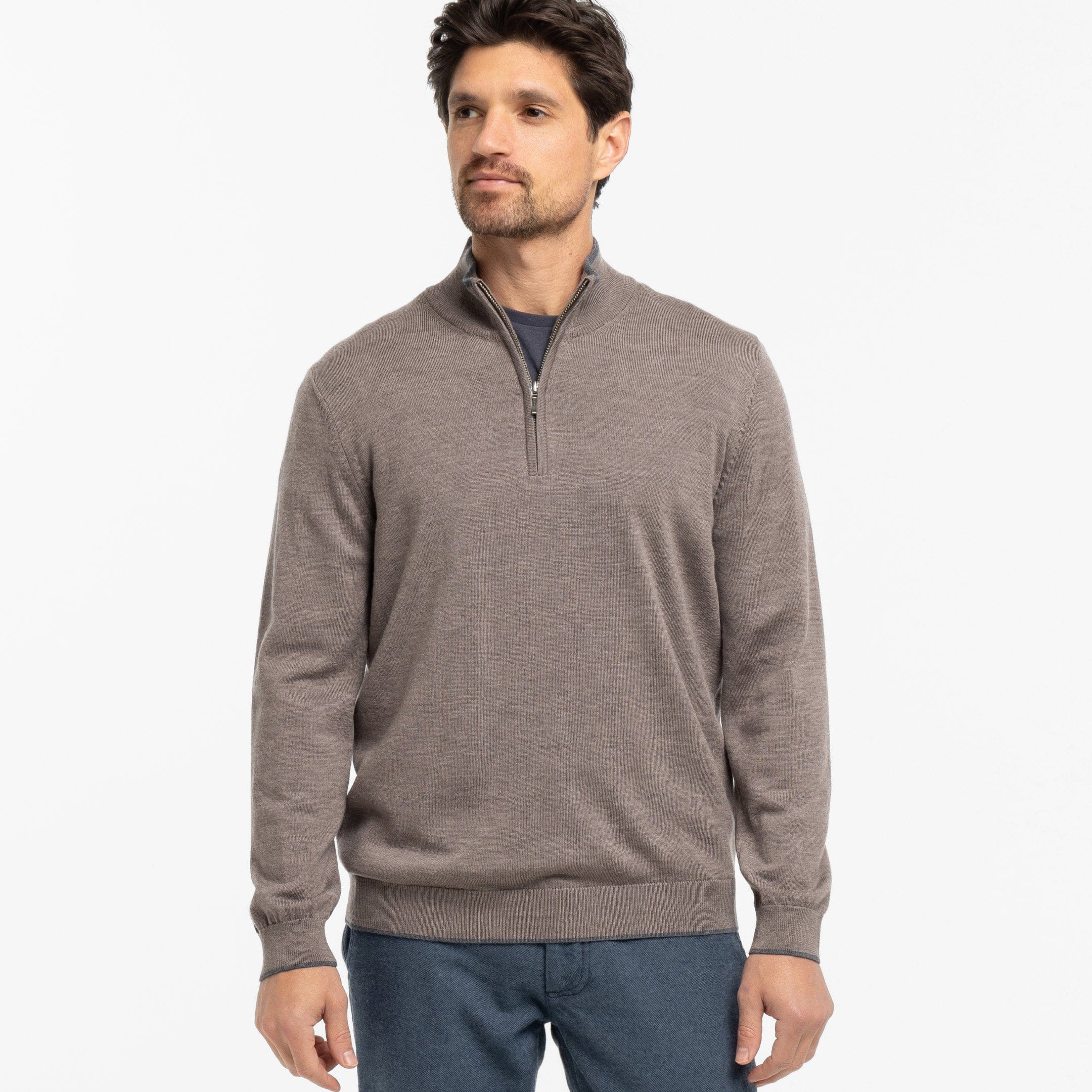 Ash & Erie Taupe Merino Quarter-Zip Sweater for Short Men