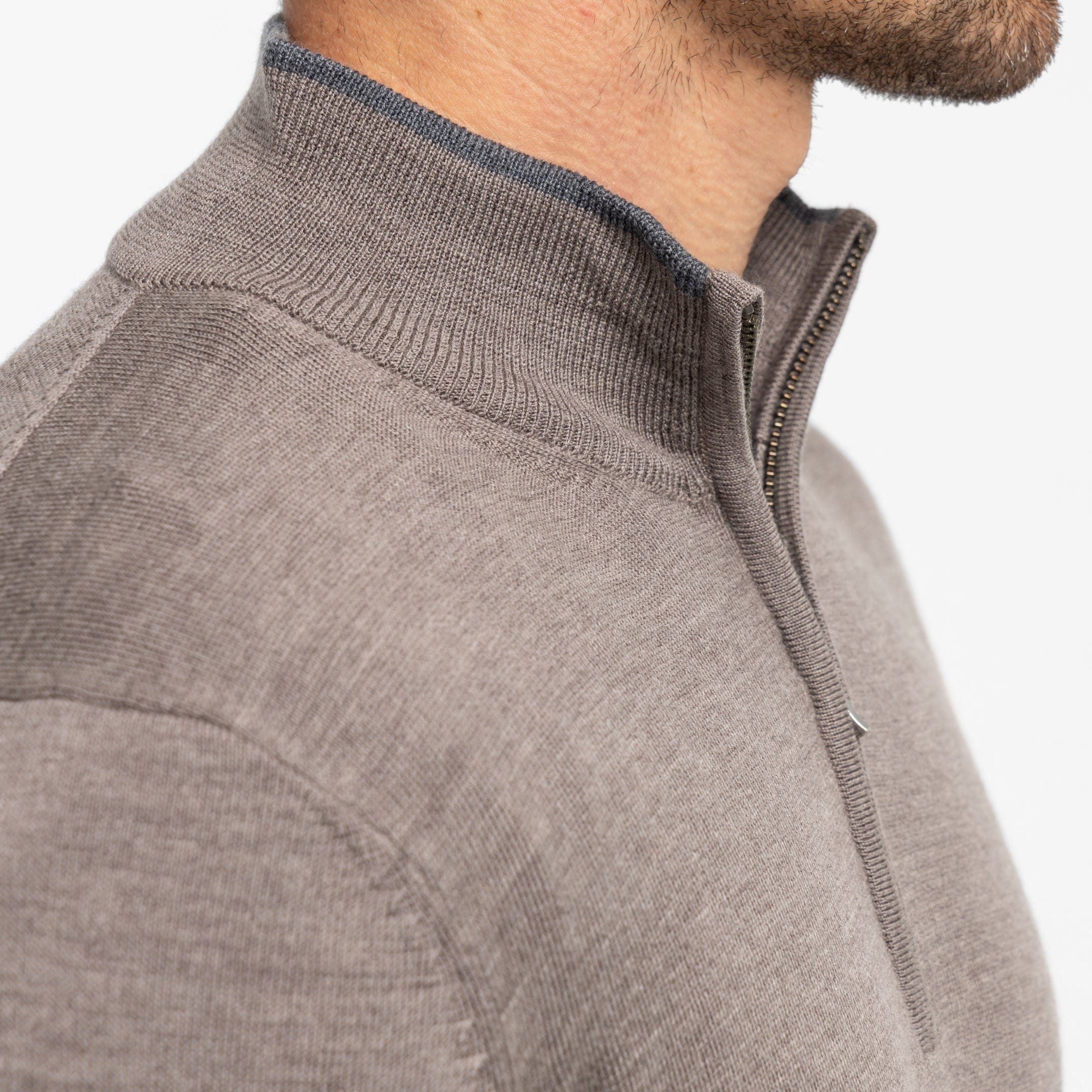 Ash & Erie Taupe Merino Quarter-Zip Sweater for Short Men