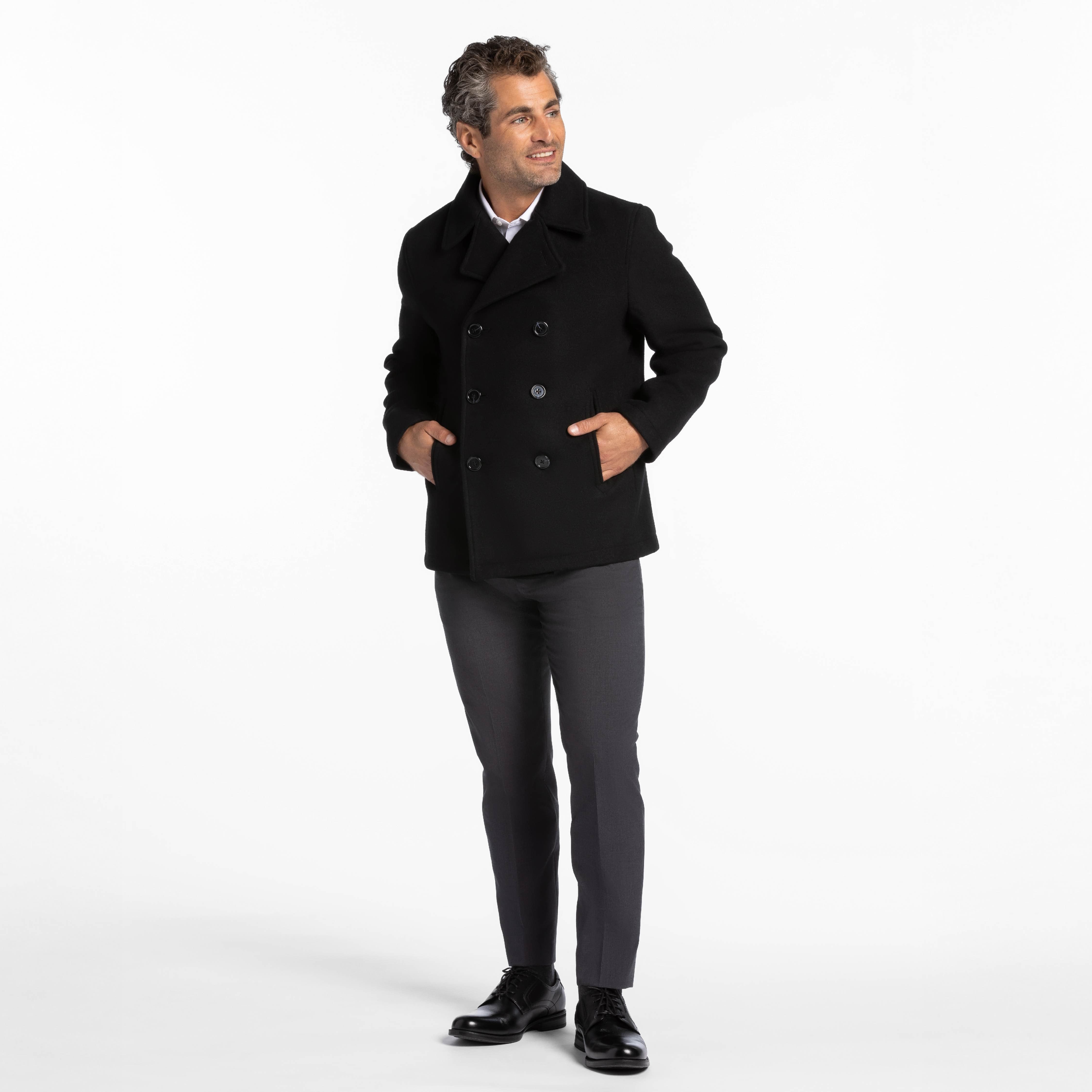 Ash & Erie Black Double-Breasted Peacoat for Short Men Black / XL Ash & Erie Black Double-Breasted Peacoat for Short Men Black / XL