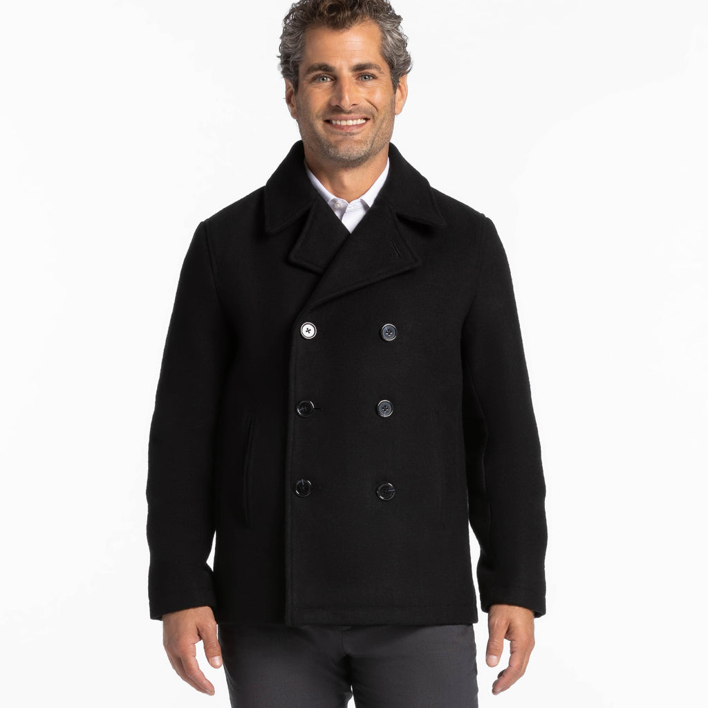 Ash & Erie Black Double-Breasted Peacoat for Short Men
