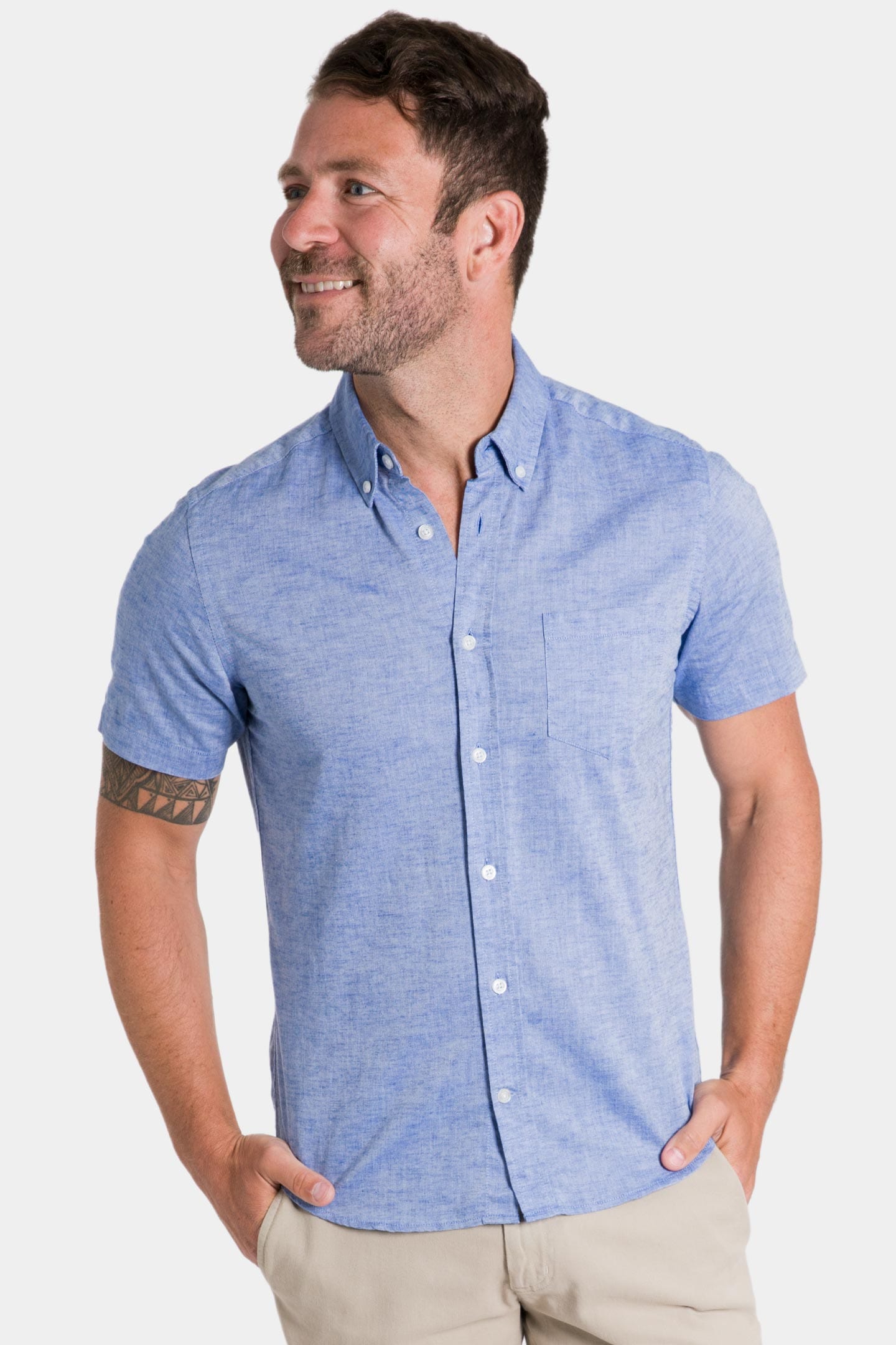 Ash & Erie Blue Linen Short Sleeve Shirt for Short Men
