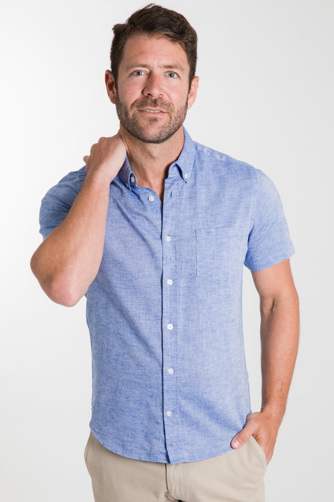 Ash & Erie Blue Linen Short Sleeve Shirt for Short Men   Short Sleeve Everyday Shirts
